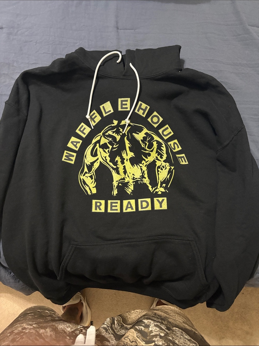 Gildan Black Crewneck Sweatshirt with Yellow 'Waffle House Ready' Graphic